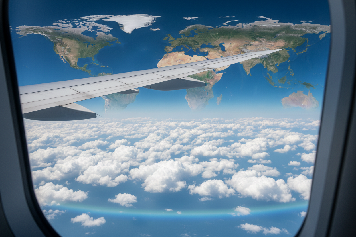 Generte a photo of a airplane traveling all over the world